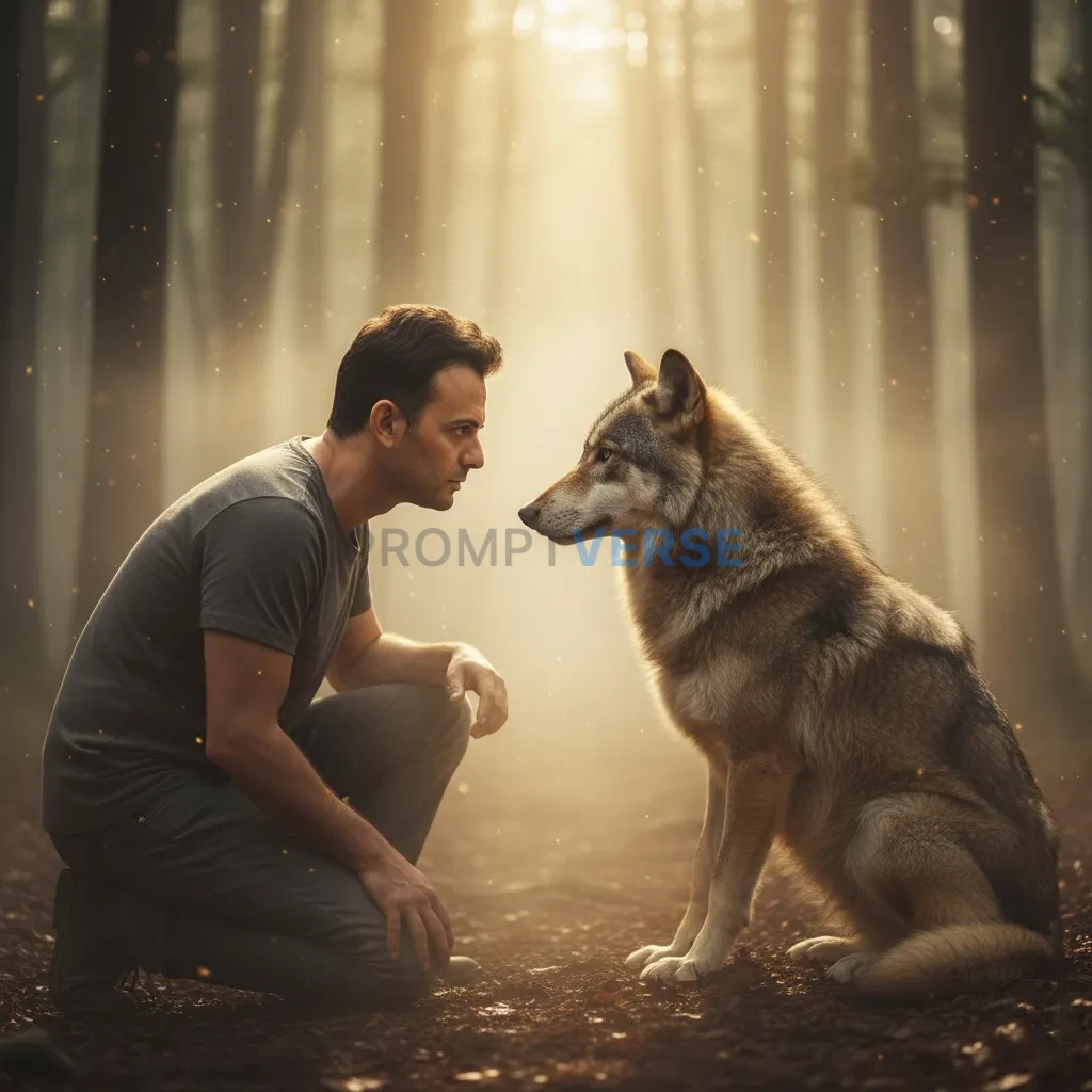Ultra-detailed close-up of a man locking eyes with a wolf, intense stare, soft golden backlight cutting through the fog. - PromptVerse