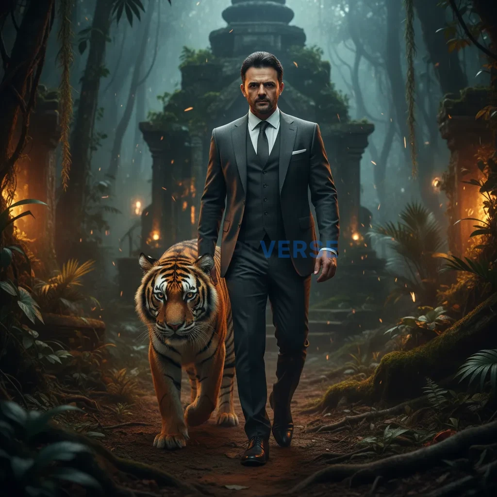 Cinematic portrait of a man in tailored suit walking with a tiger at his side, jungle ruins glowing in background. - PromptVerse