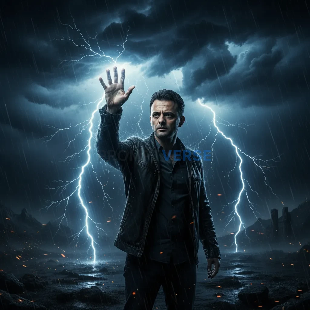 Ultra-detailed portrait of a man raising hand, lightning striking all around him, cinematic storm sky. - PromptVerse