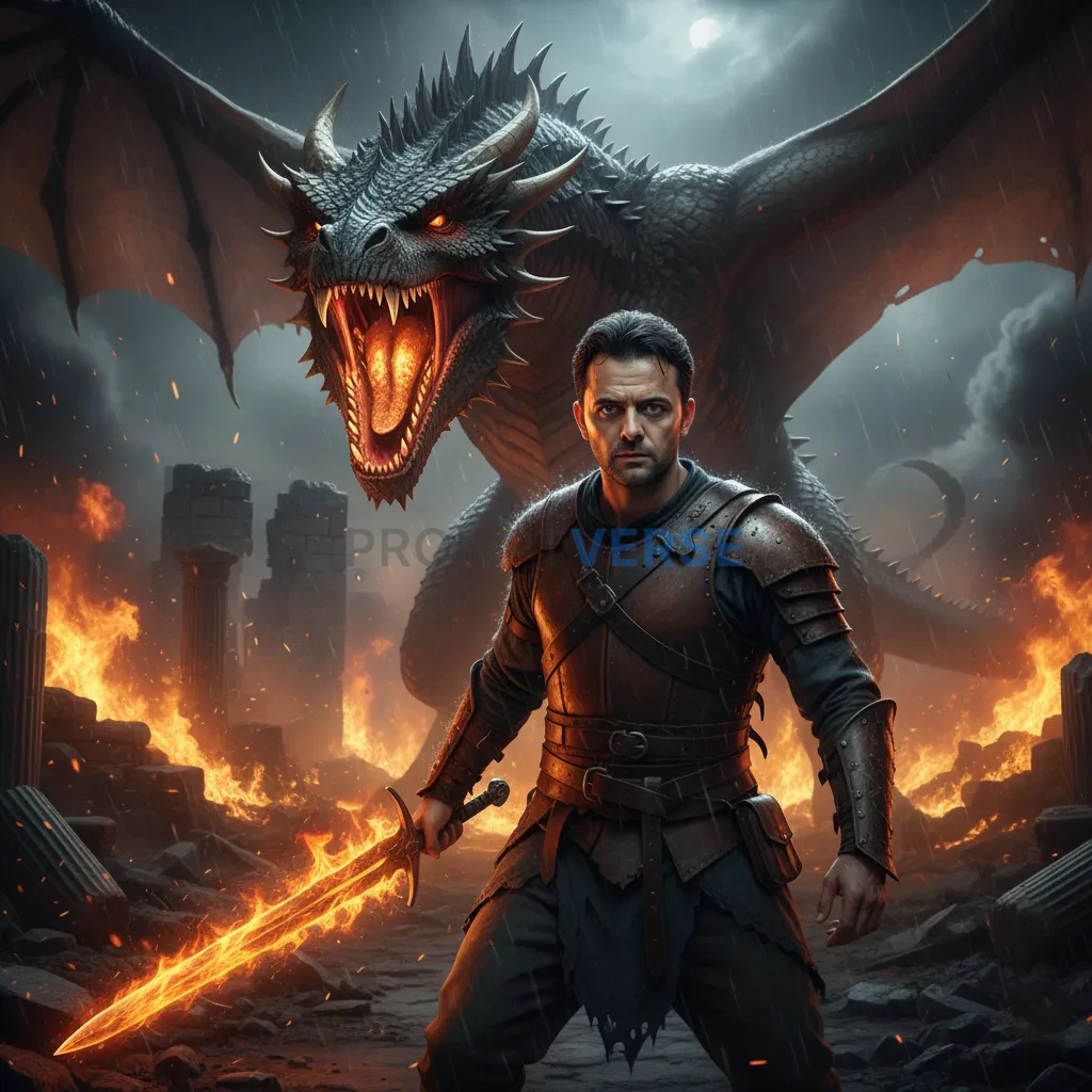 Cinematic portrait of a man facing dragon in burning ruins, sword glowing with firelight. - PromptVerse