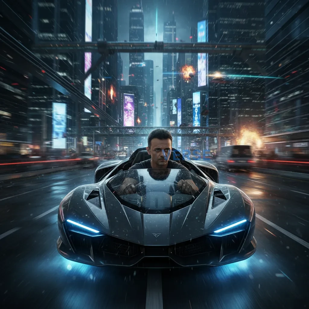 Ultra-detailed cinematic shot of a man driving hovercar through futuristic skyline chase. - PromptVerse
