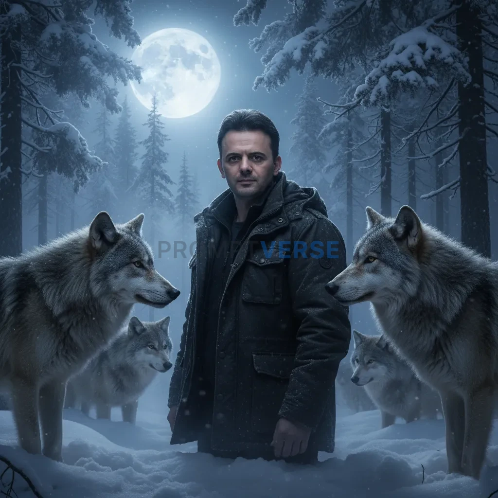 Ultra-detailed close-up of a man surrounded by wolves in snowy forest, cinematic moonlight glow. - PromptVerse