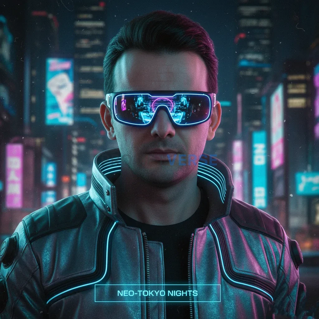 Cinematic headshot, wearing futuristic silver jacket and reflective visor sunglasses, cyberpunk Instagram reel style. - PromptVerse