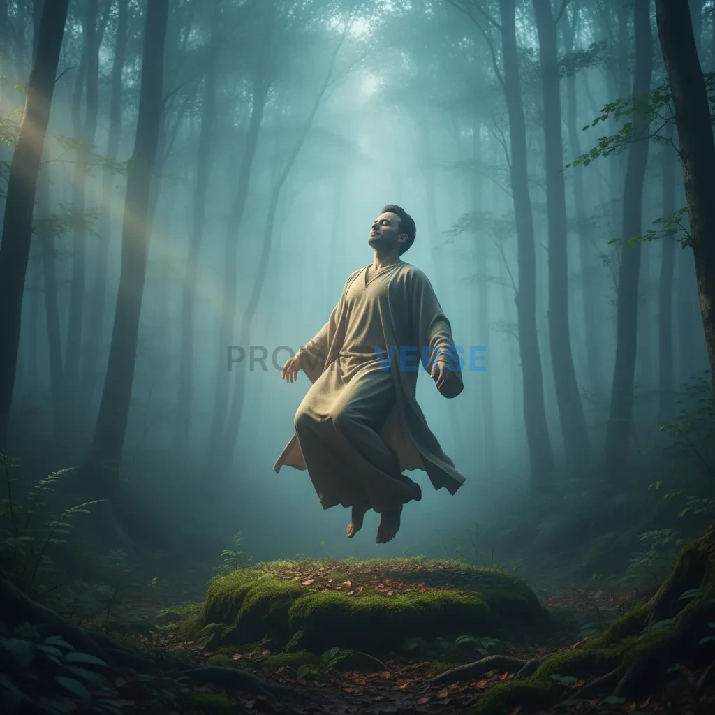 Cinematic portrait of man floating slightly above ground in foggy forest, eyes closed, calm expression, mysterious ethereal li - PromptVerse