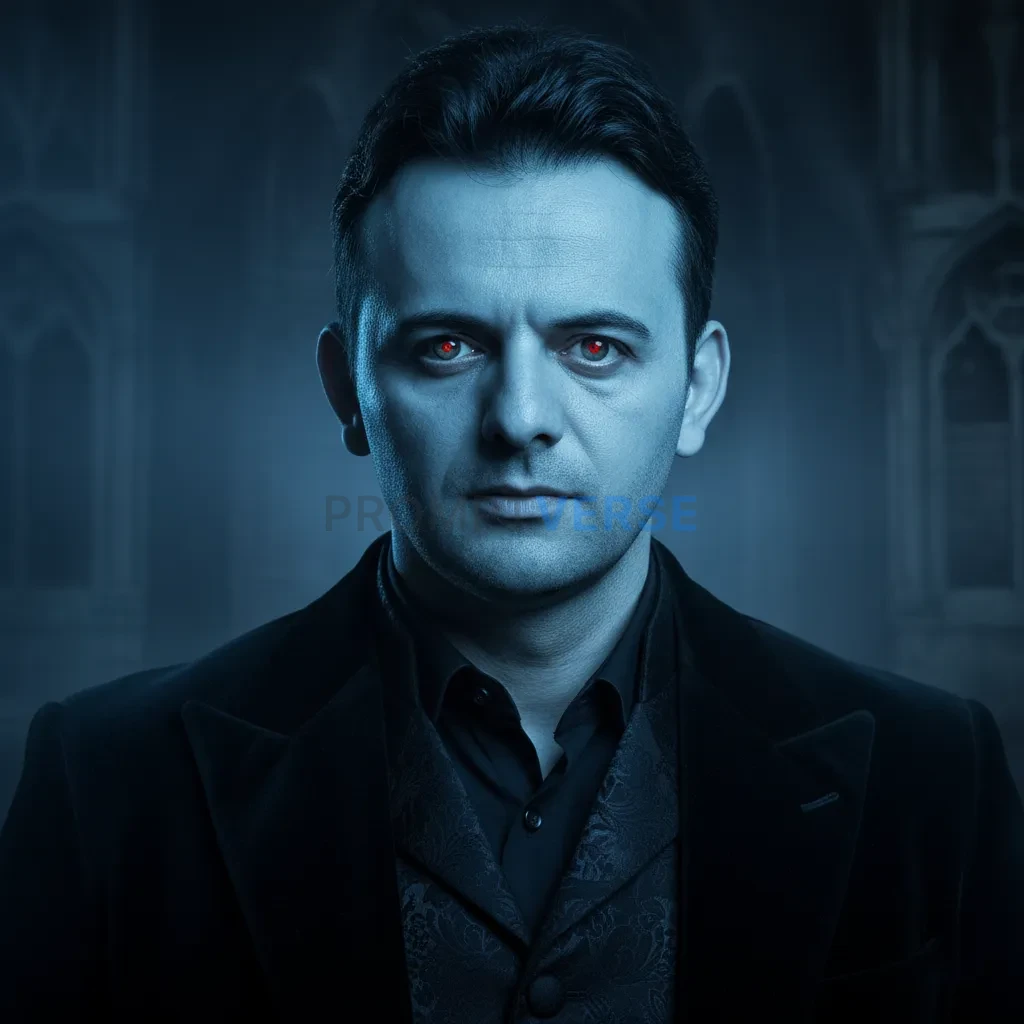 Cinematic portrait of man in elegant black coat, pale skin glowing under moonlight, faint red light in eyes, gothic atmosphere - PromptVerse