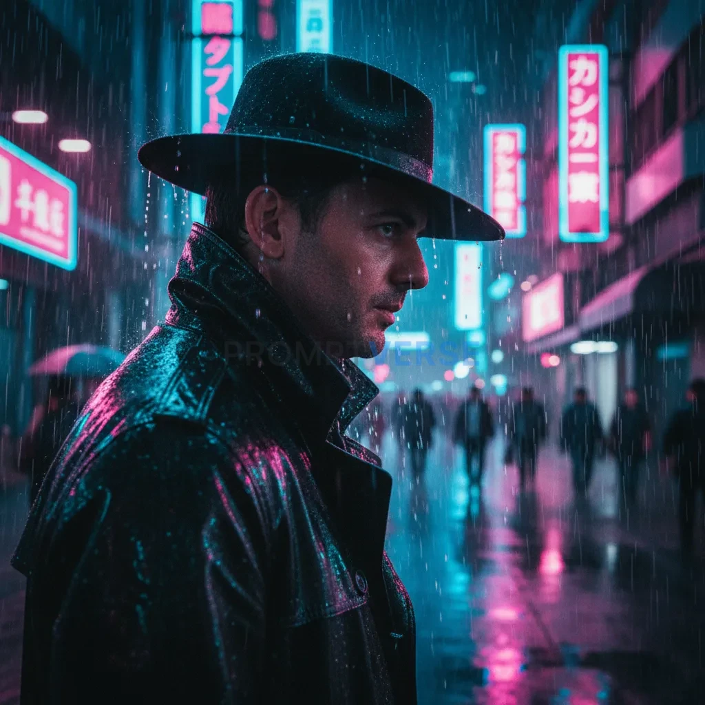 Cinematic cyberpunk portrait of a man walking through a neon-lit futuristic city, nighttime scene, heavy rain, soaked trench c - PromptVerse