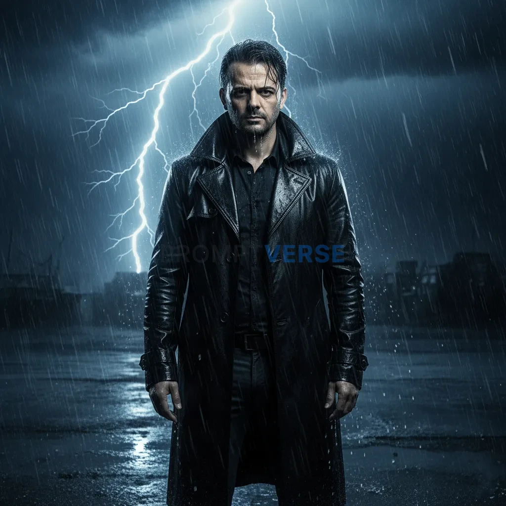 Cinematic portrait of a man in black trench coat, lightning flashing behind him, rain pouring. - PromptVerse