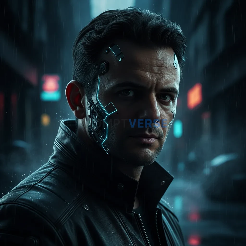 Cinematic close-up of a man with subtle cybernetic implants, glowing lights beneath skin, futuristic noir aesthetic. - PromptVerse