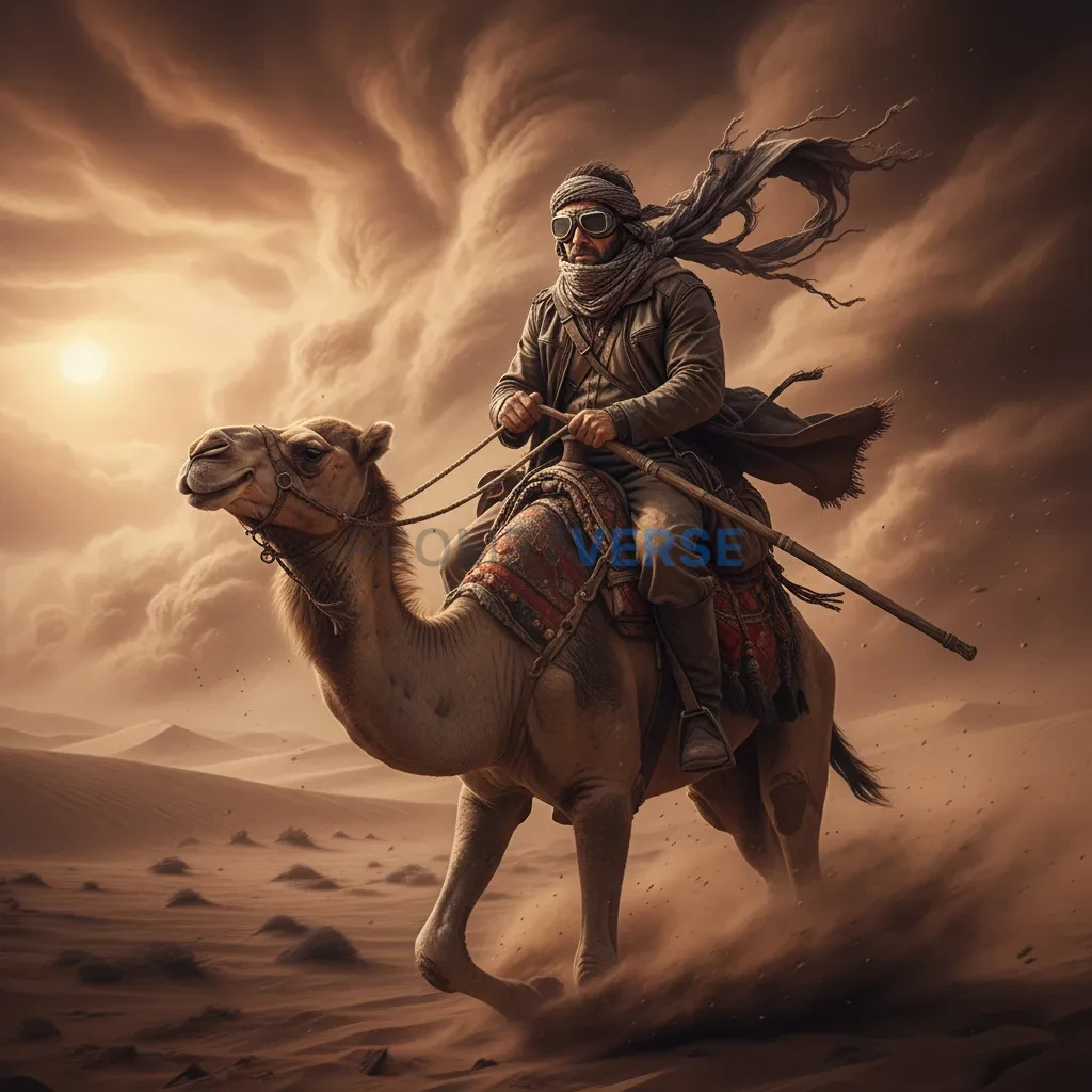 Ultra-detailed portrait of a man riding camel through massive sandstorm, scarf flying in the wind. - PromptVerse