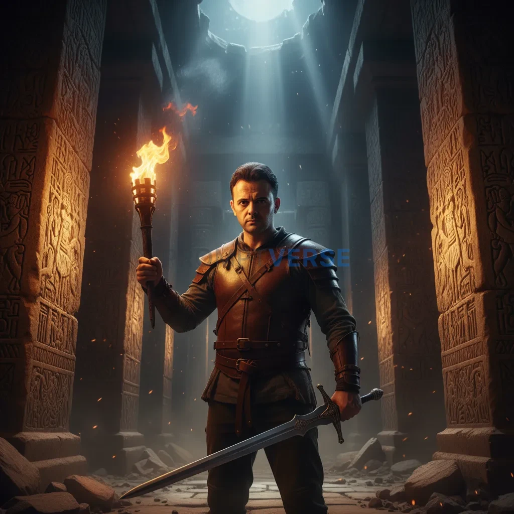 Cinematic portrait of a man holding torch in one hand and sword in the other, ancient temple carvings glowing behind. - PromptVerse