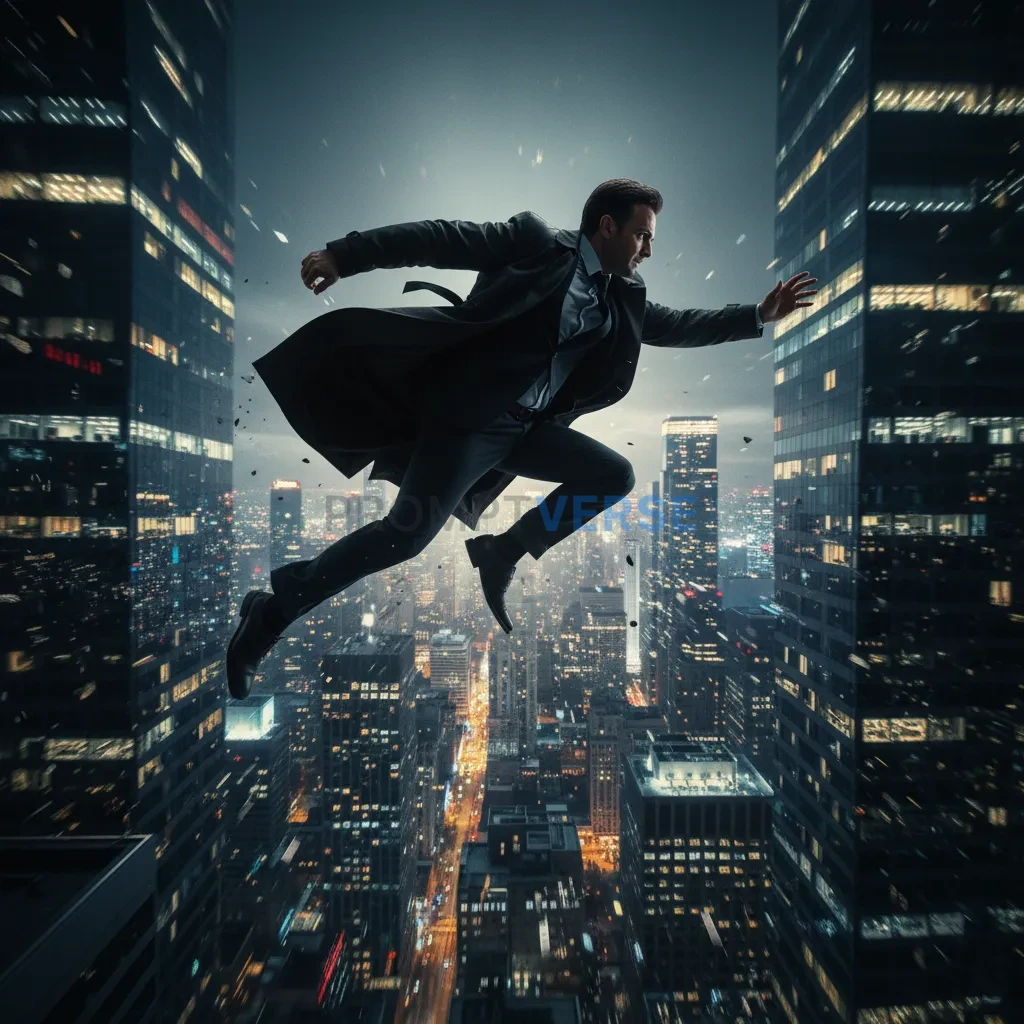 Cinematic portrait of a man leaping across rooftops, skyscraper lights glowing behind, wind in his coat. - PromptVerse