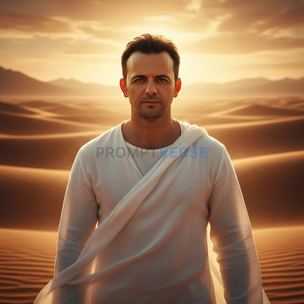 Here's an ultra-detailed portrait of a man in a white robe, with desert sands glowing behind him in the cinematic golden hour. - PromptVerse