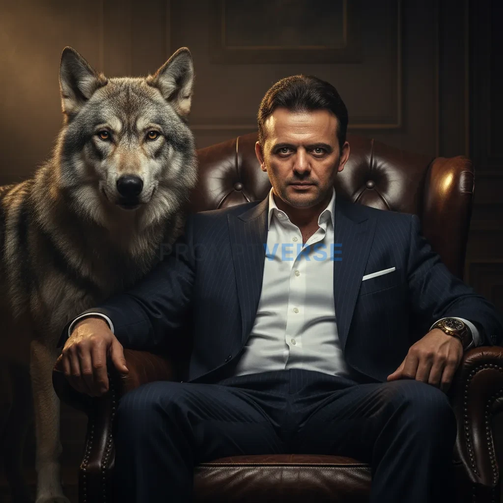 Cinematic close-up of a mafia boss in tailored dark suit seated in leather chair, wolf at his side with piercing eyes, both st - PromptVerse