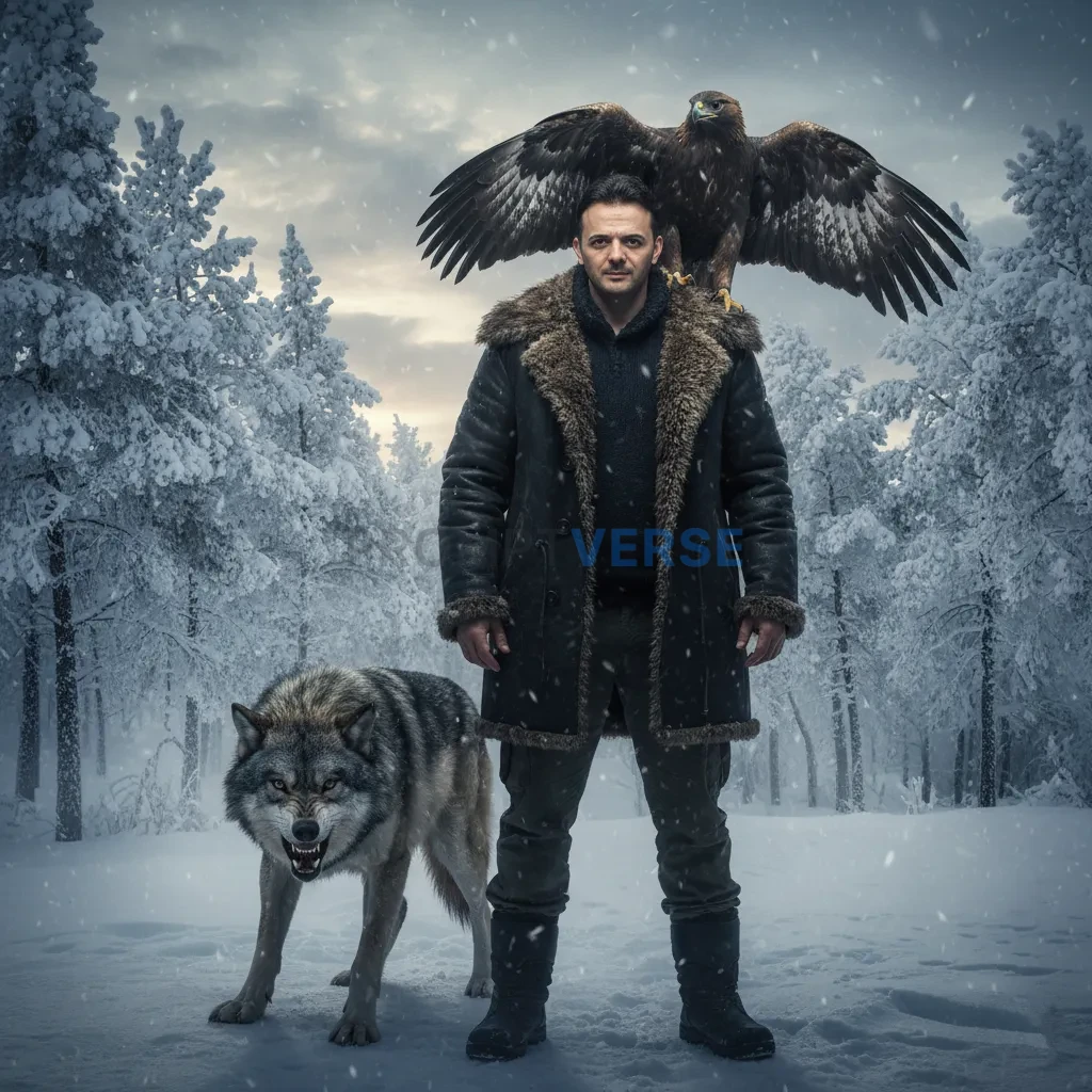 Cinematic editorial portrait, man with fur-lined coat standing in frozen forest, wolf growling low beside him, eagle perched a - PromptVerse