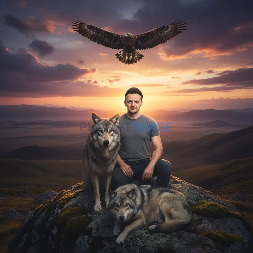 Cinematic editorial portrait of a man seated on a rock, wolf curled at his feet, eagle flying overhead, glowing sunset horizon - PromptVerse