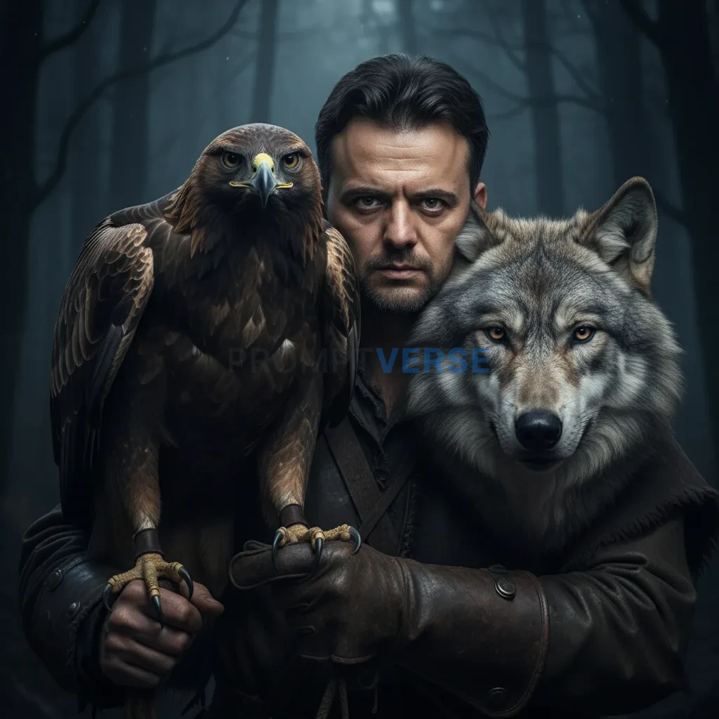 Close-up headshot, man in dark coat locking eyes with a wolf beside him, eagle perched on his gloved arm, all three sharing a  - PromptVerse