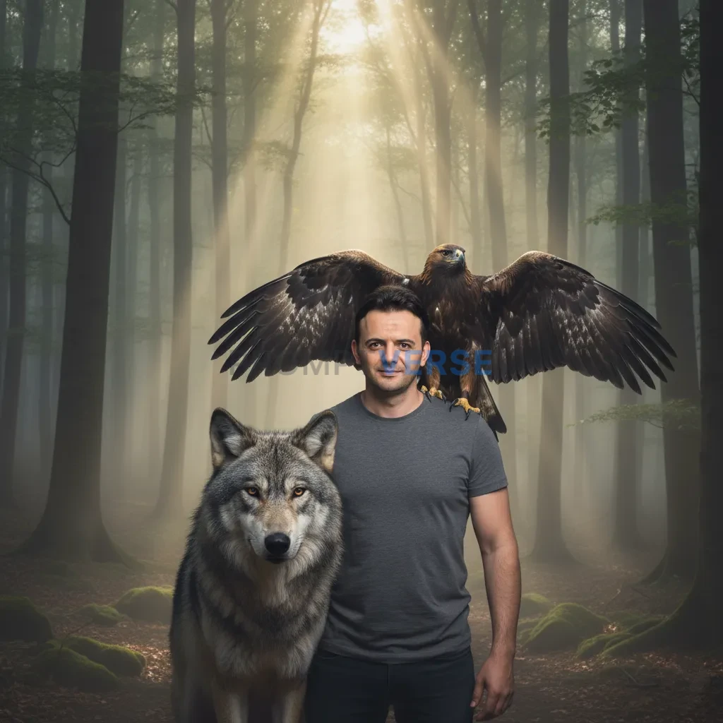 Cinematic portrait of a man standing in misty forest, wolf pressed close at his side while an eagle perches proudly on his sho - PromptVerse