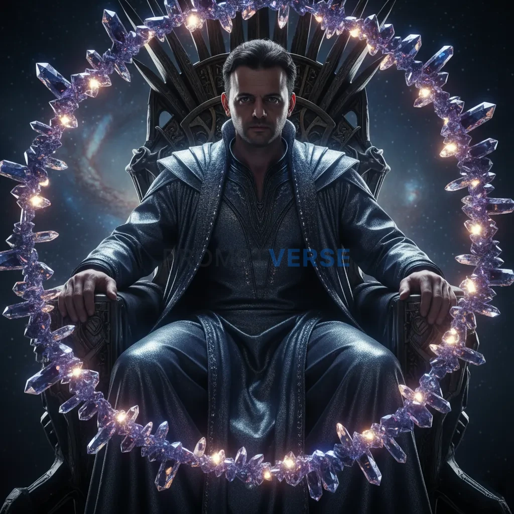 Ultra-detailed portrait, futuristic man in a flowing metallic robe, seated on a hovering throne, surrounded by floating crysta - PromptVerse
