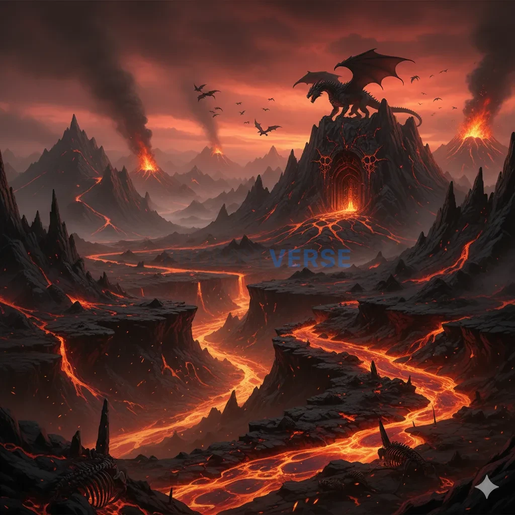 The treacherous, fiery landscape of a dragon's domain, a volcanic wasteland with jagged peaks, rivers of magma, and a colossal - PromptVerse