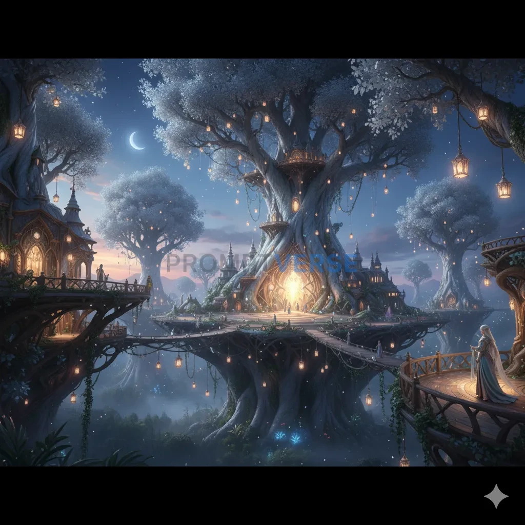 An ethereal elven city built seamlessly into the boughs of colossal, silver-barked trees, illuminated by soft, magical lantern - PromptVerse
