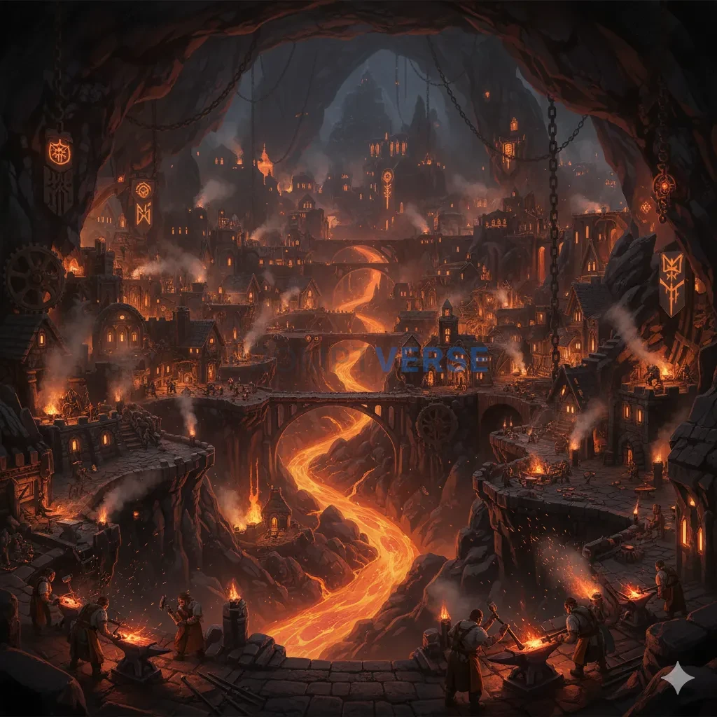 The sprawling, glowing, underground city of dwarves, built around a river of molten lava, the air filled with the constant rin - PromptVerse