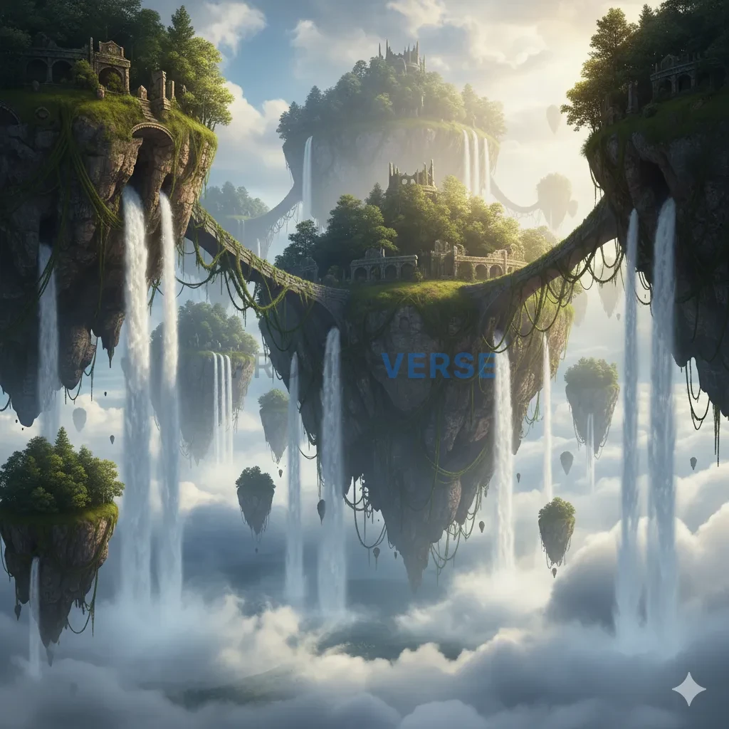 A mystical landscape of floating islands connected by ancient, vine-covered stone bridges, with waterfalls cascading into the  - PromptVerse