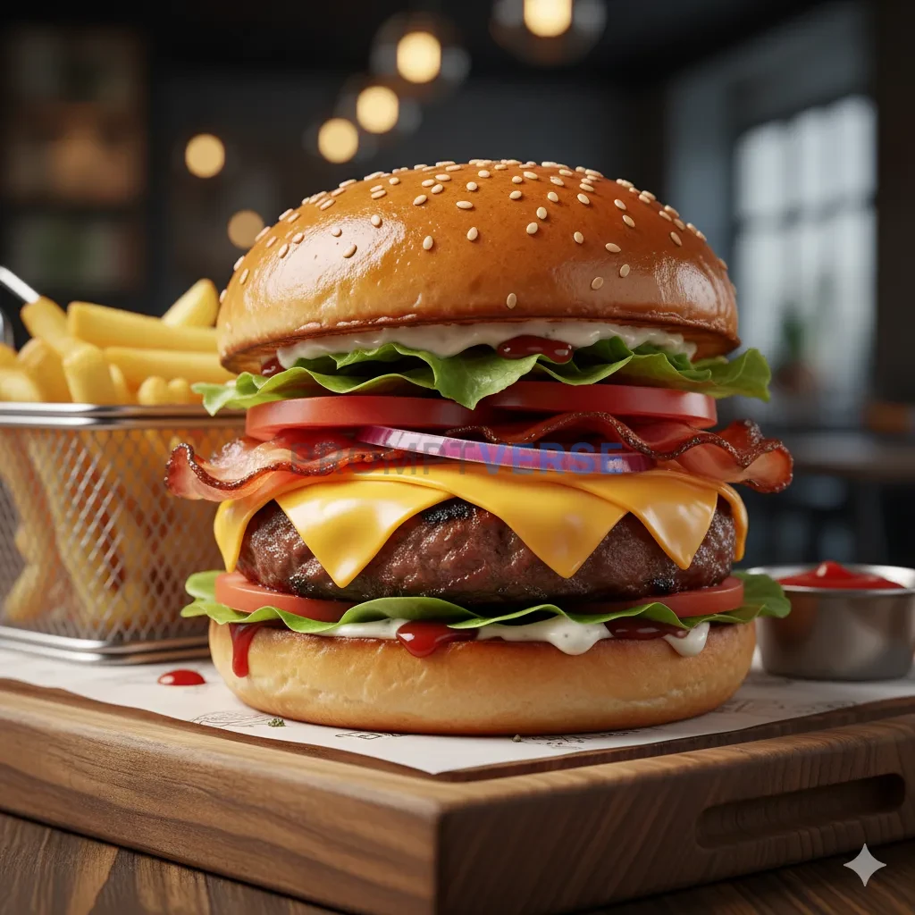 A hyper-realistic, gourmet cheeseburger with a perfectly toasted brioche bun, melting cheddar cheese, and fresh toppings, on a - PromptVerse