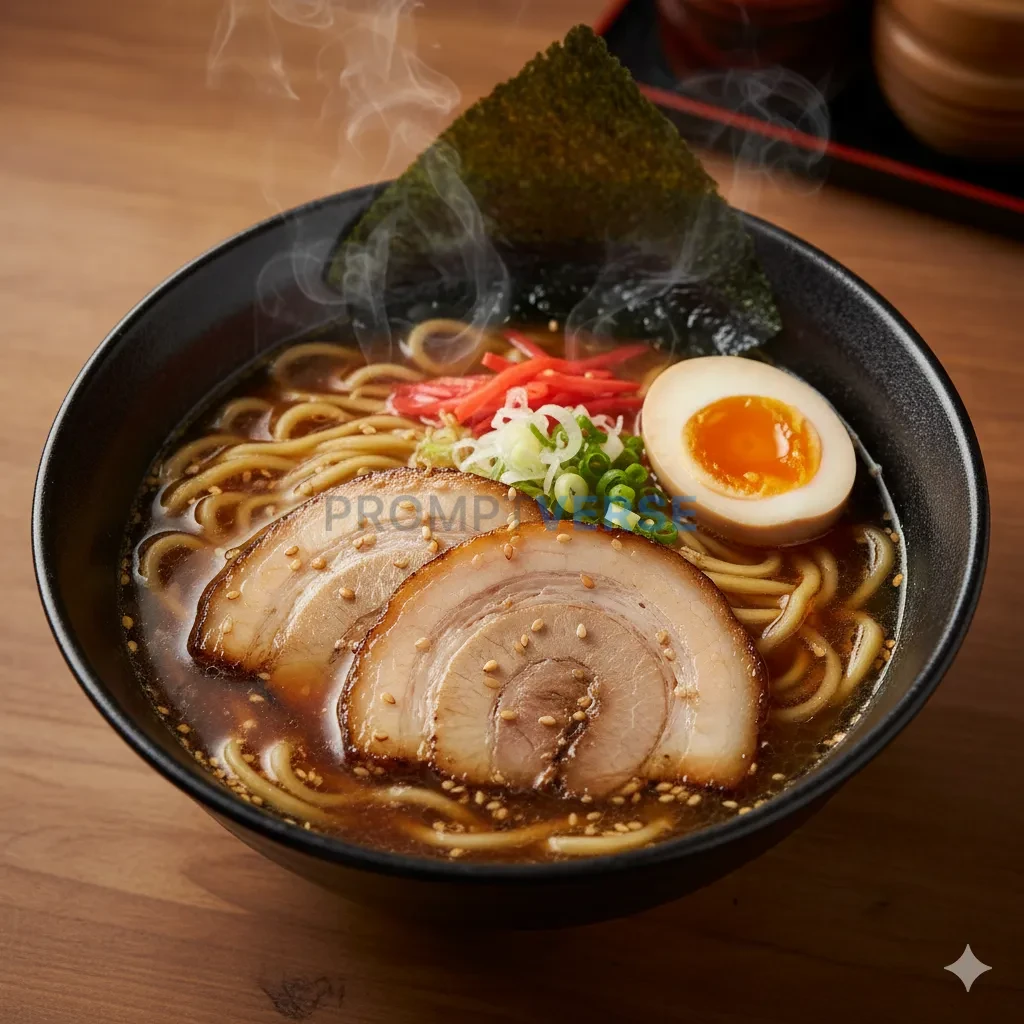 A beautiful, steaming bowl of Japanese ramen, with perfectly arranged toppings of chashu pork, a soft-boiled egg, and nori, ca - PromptVerse