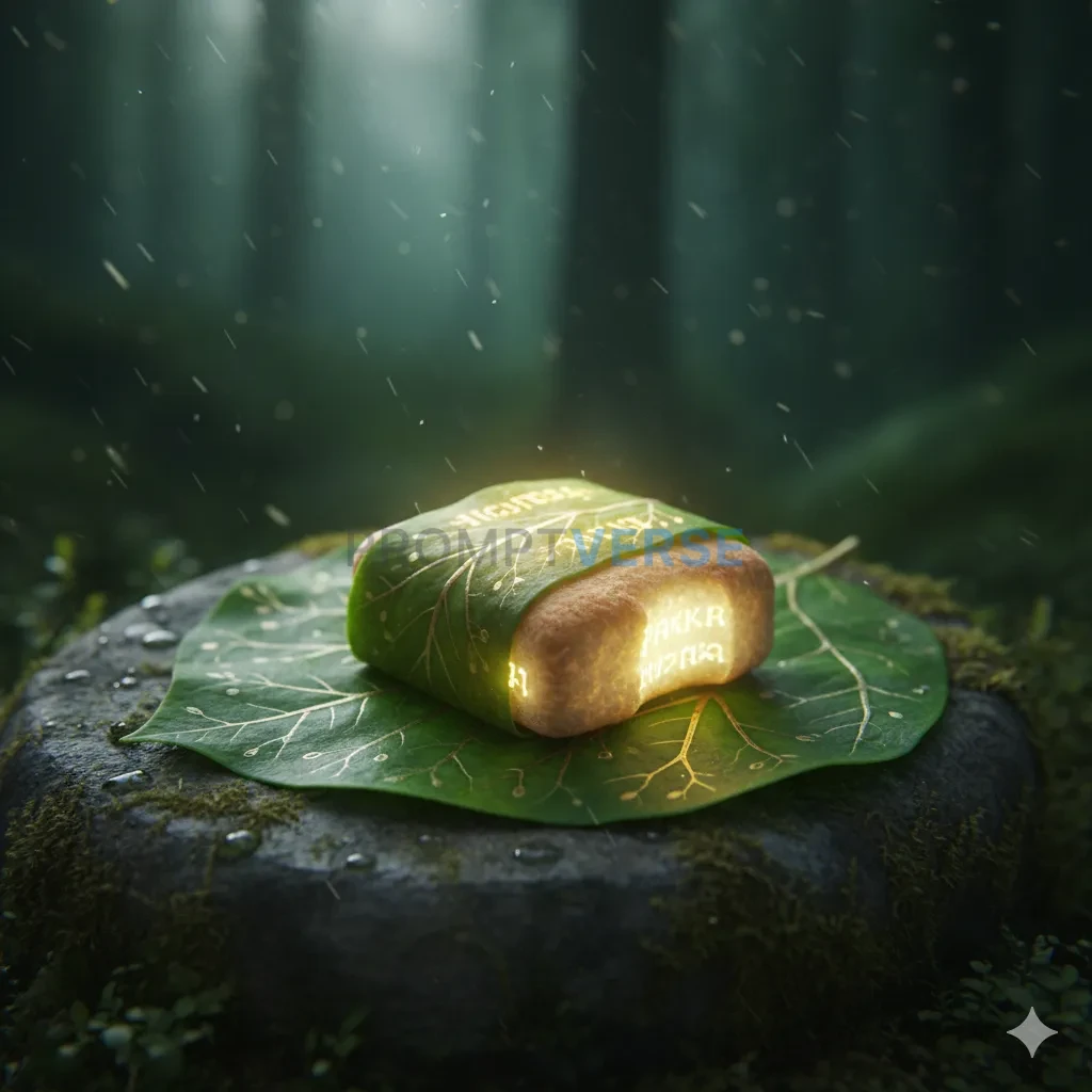A magical, glowing Elven bread (Lembas), wrapped in a large green leaf, a single bite able to sustain a traveler for a day. - PromptVerse