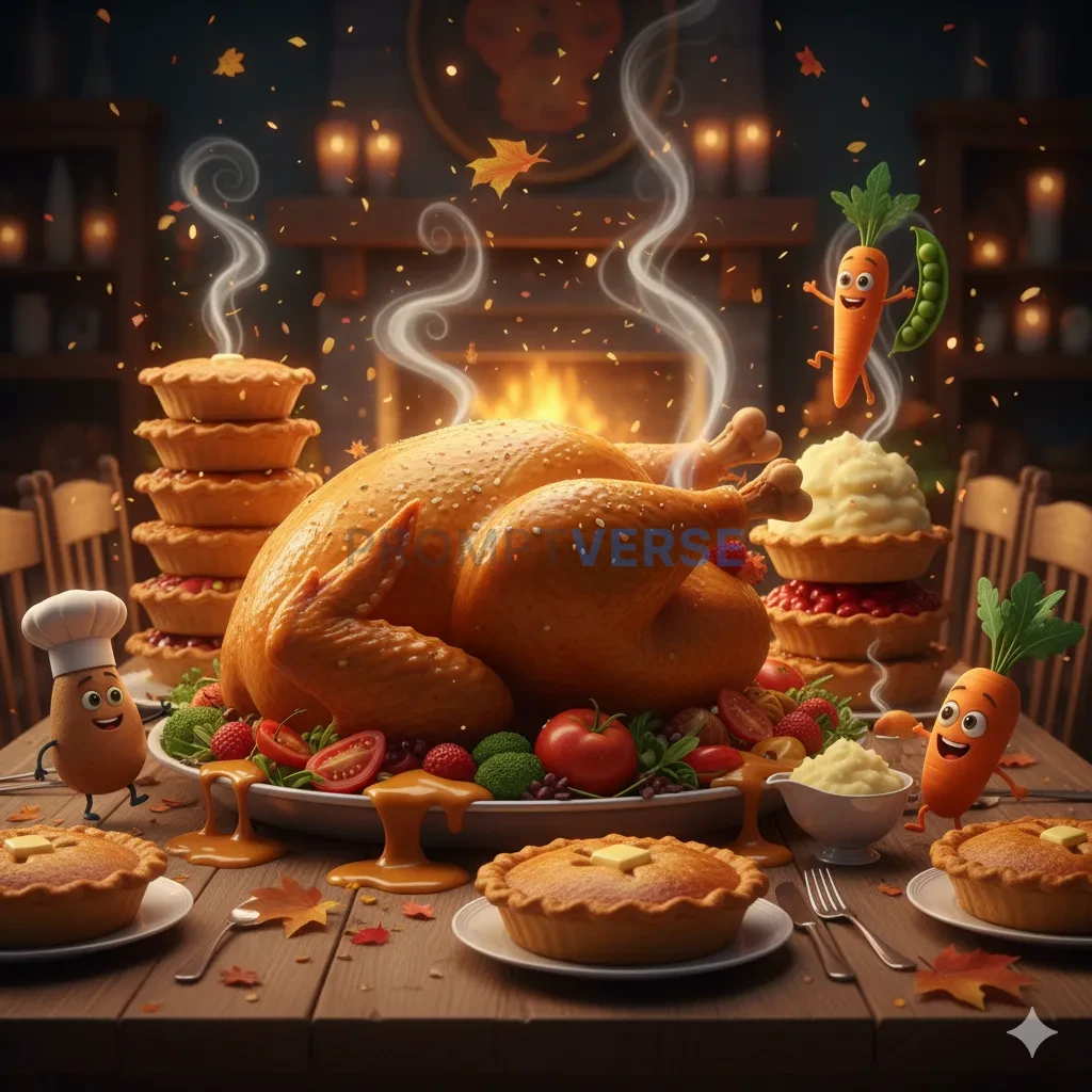 A Pixar-style, animated feast, with a giant roasted turkey, cartoonishly perfect pies, and cheerful, bouncing vegetables. - PromptVerse