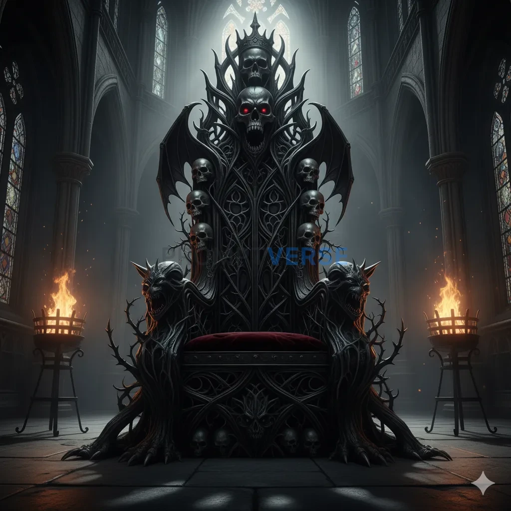 An ornate, gothic throne, carved from dark, polished wood and adorned with skulls and gargoyles, in a vast, echoing hall. - PromptVerse