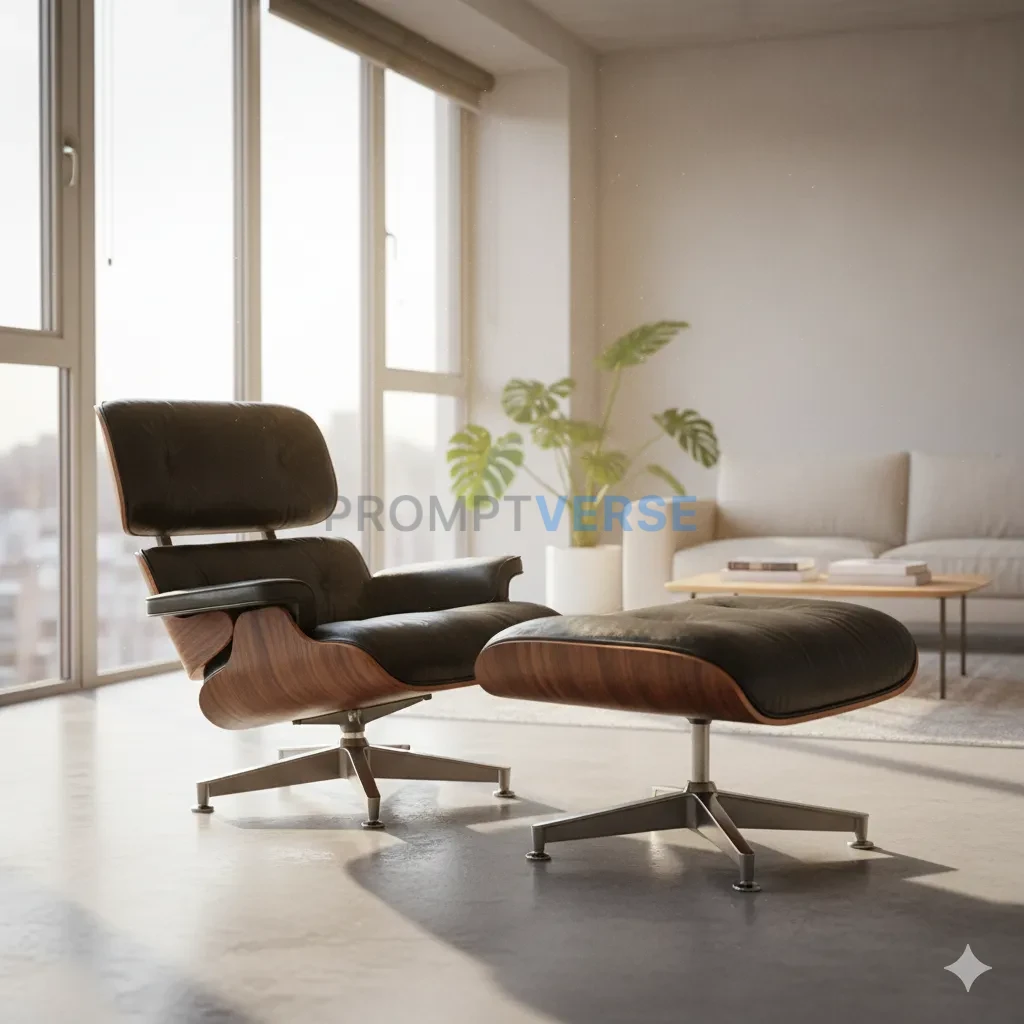 A sleek, minimalist, Eames lounge chair and ottoman, a timeless icon of mid-century modern design, in a sunlit, modern apartme - PromptVerse