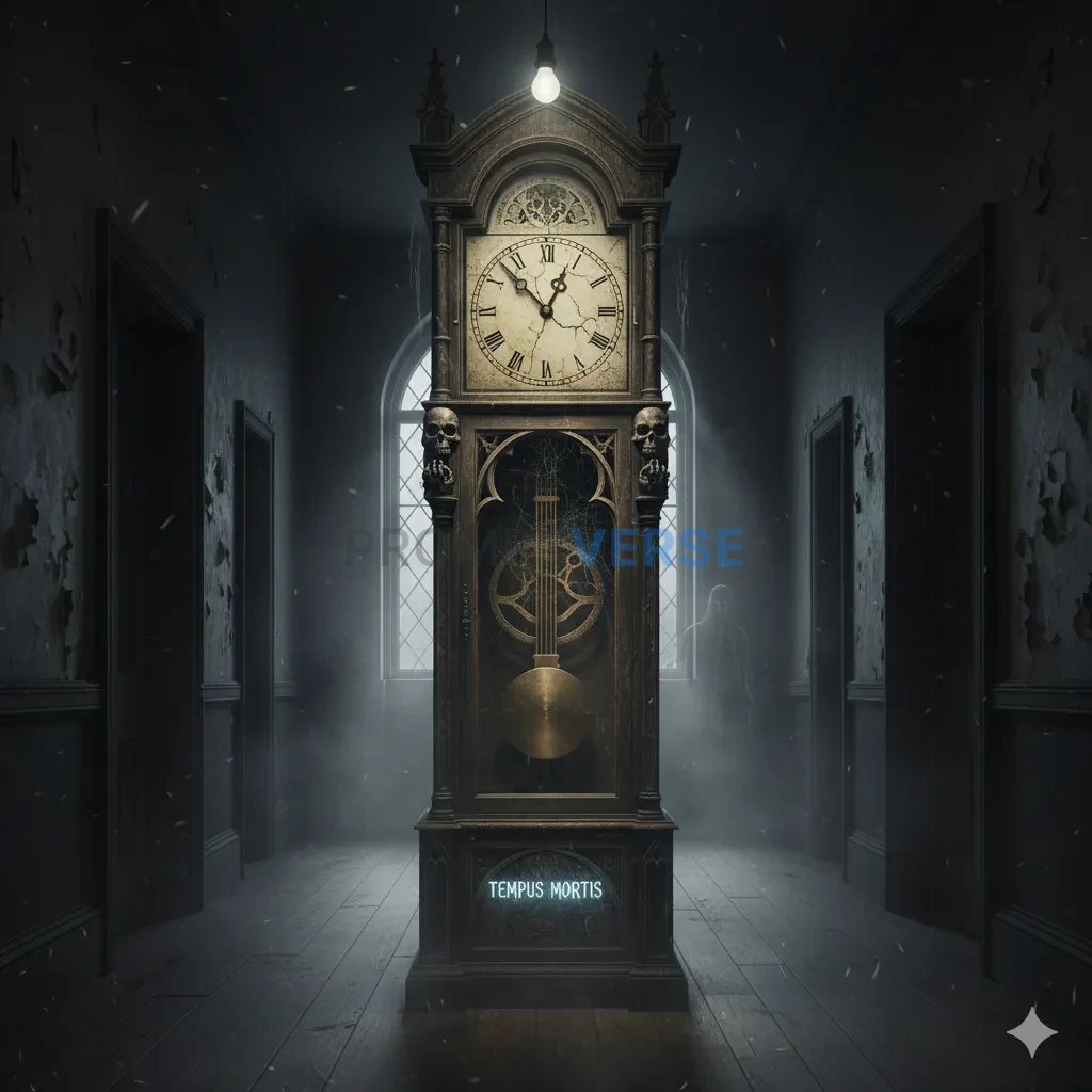 A mysterious, antique grandfather clock, that is rumored to chime on the hour of someone's death, standing in a shadowy hallwa - PromptVerse