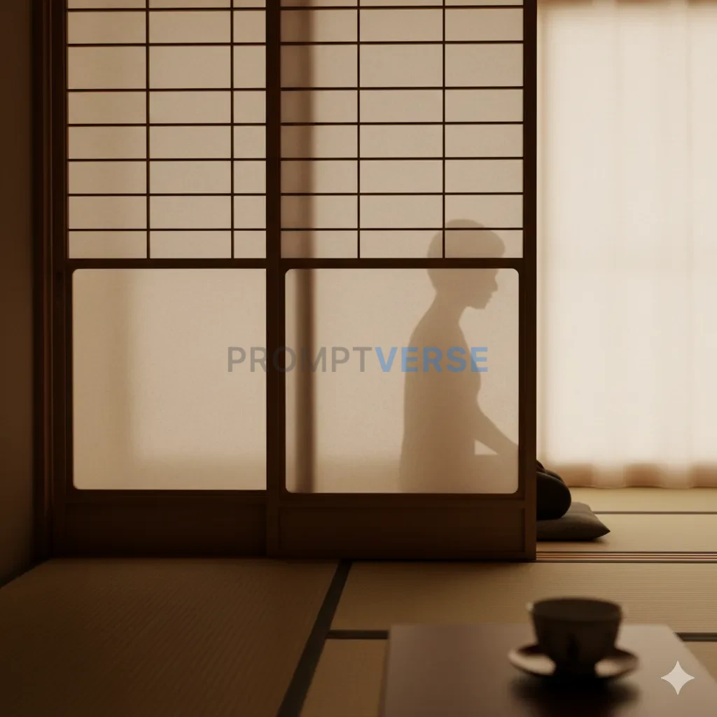 A minimalist, Japanese-style shoji screen, with delicate rice paper and a simple, wooden lattice, with a silhouette visible be - PromptVerse