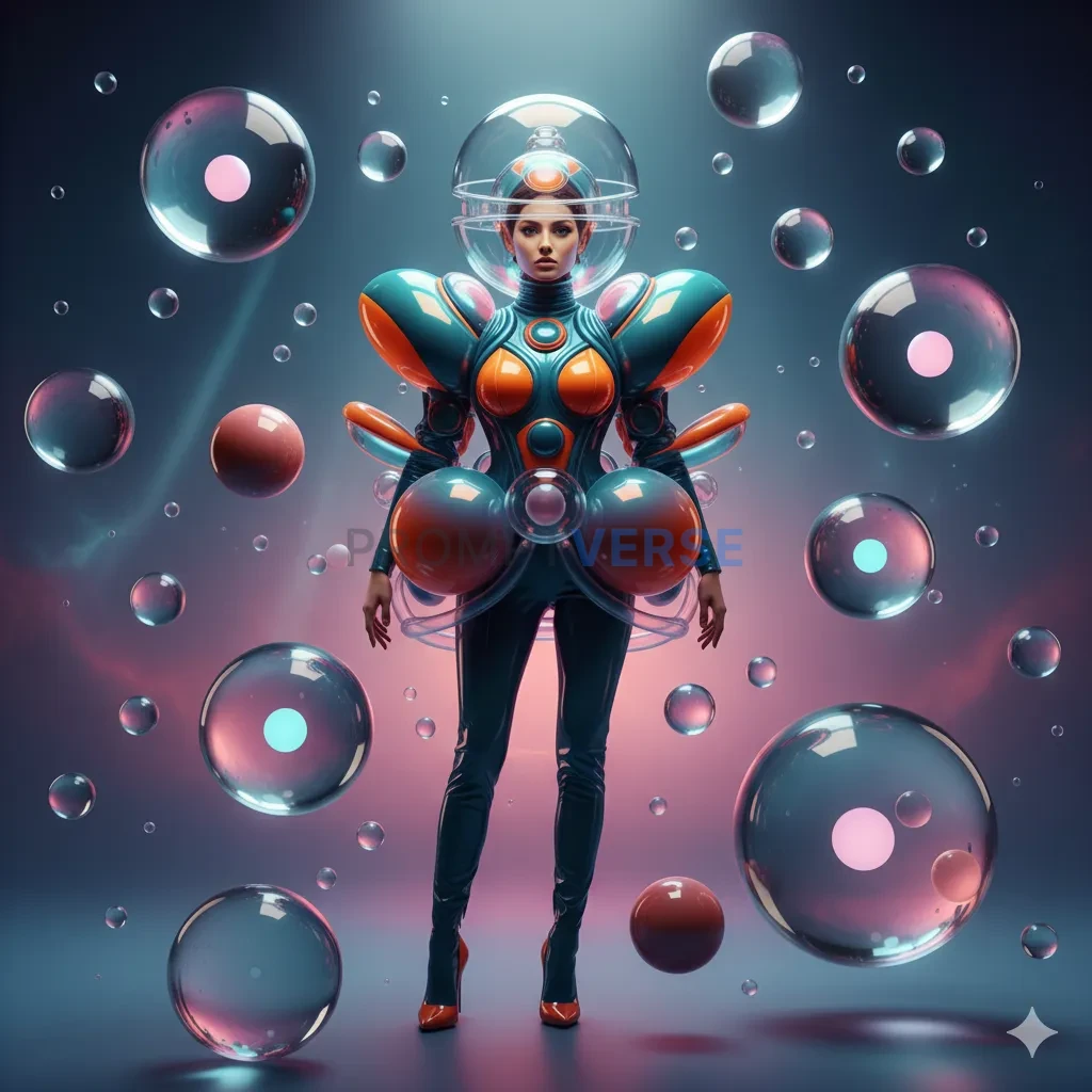 Sci-fi inspired editorial portrait, model in inflated geometric costume, surreal 3D bubbles, glossy and elegant aesthetic. - PromptVerse