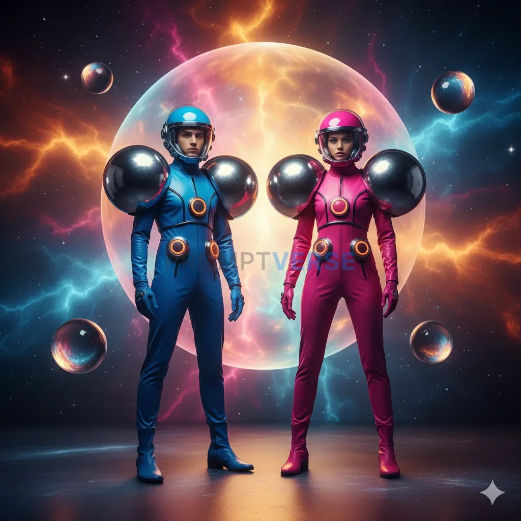 Editorial photo inspired by space-age fashion, spherical shoulder armor, glowing backdrop, bold complementary colors. - PromptVerse