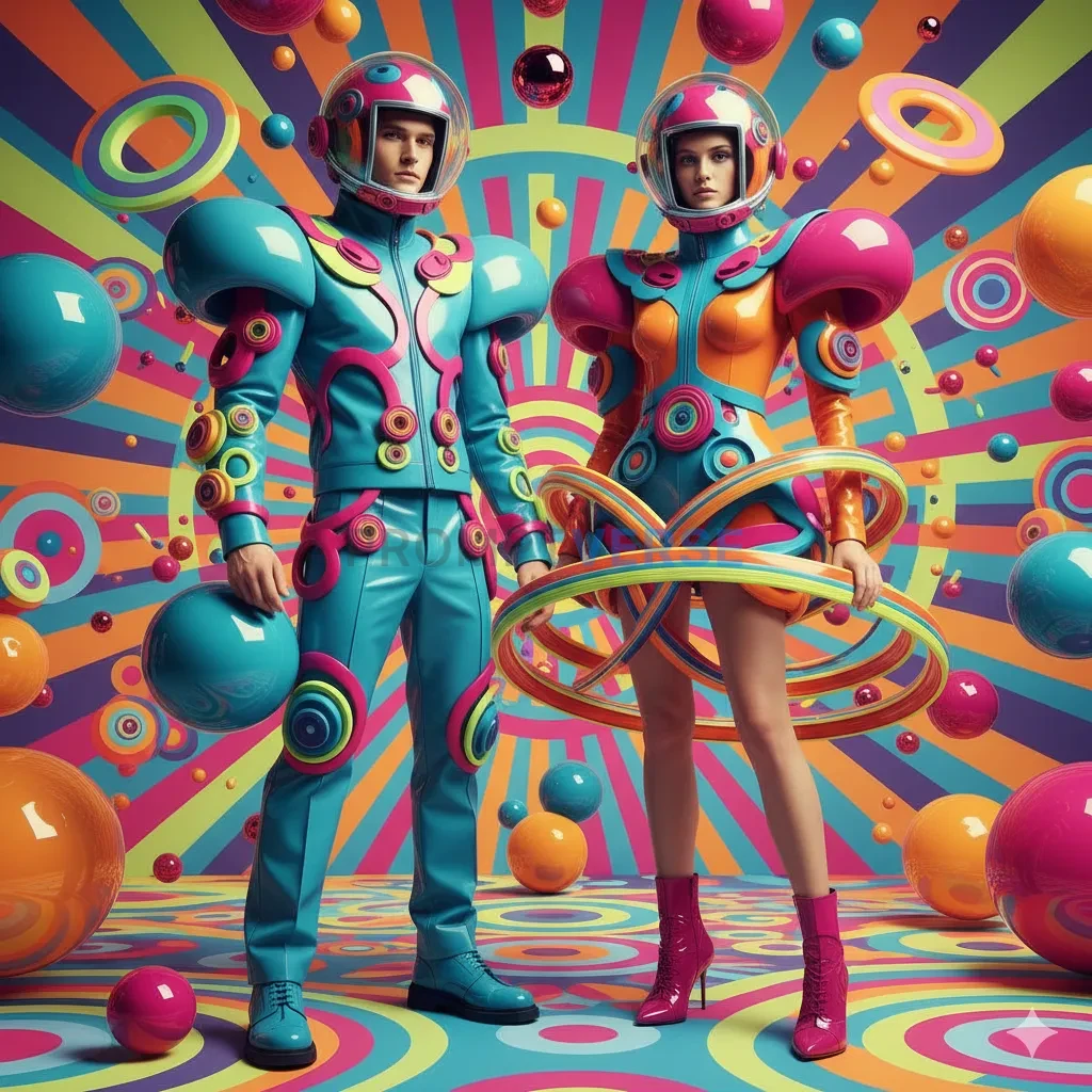 Pop-futurism fashion editorial, smooth glossy materials, models wearing spherical and circular patterns, colorful background. - PromptVerse