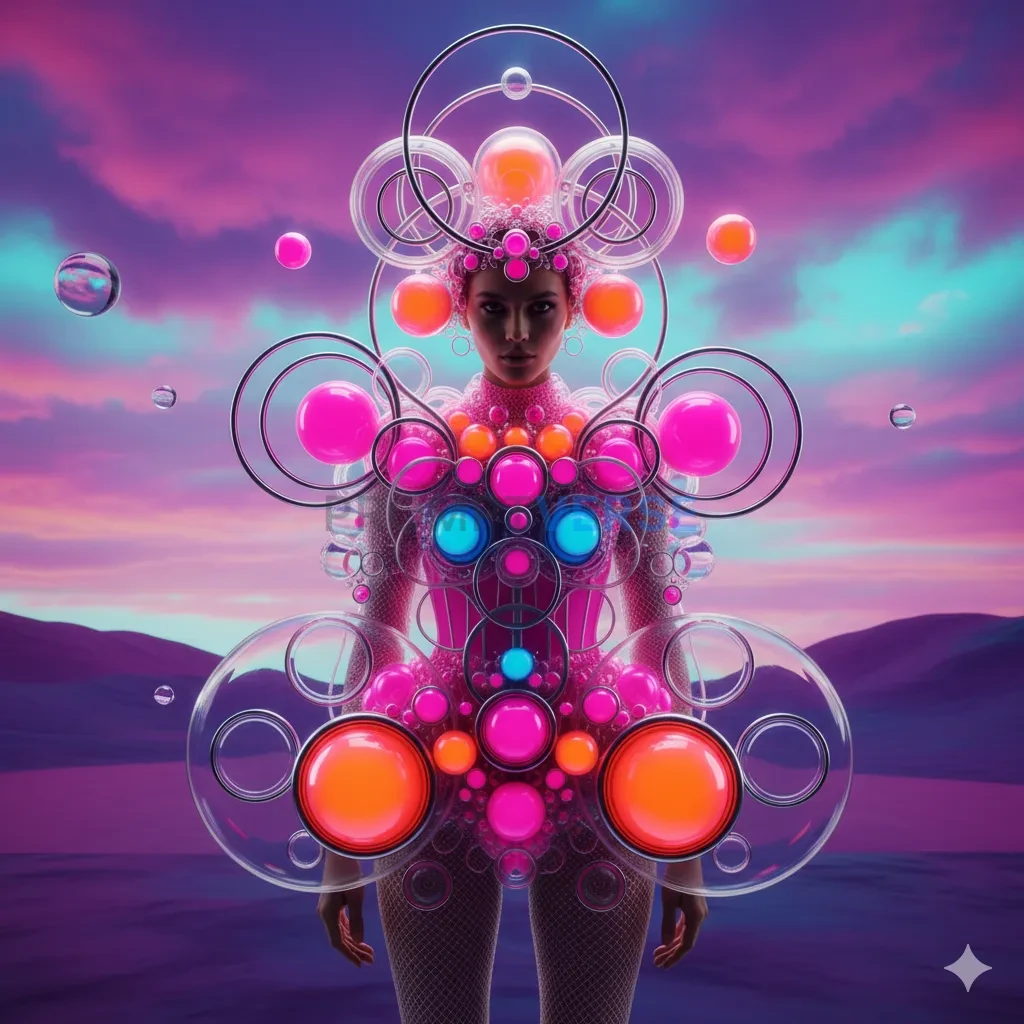 Retro-futuristic fashion photo, bright saturated colors, bubble textures, exaggerated silhouettes, minimal surreal background. - PromptVerse