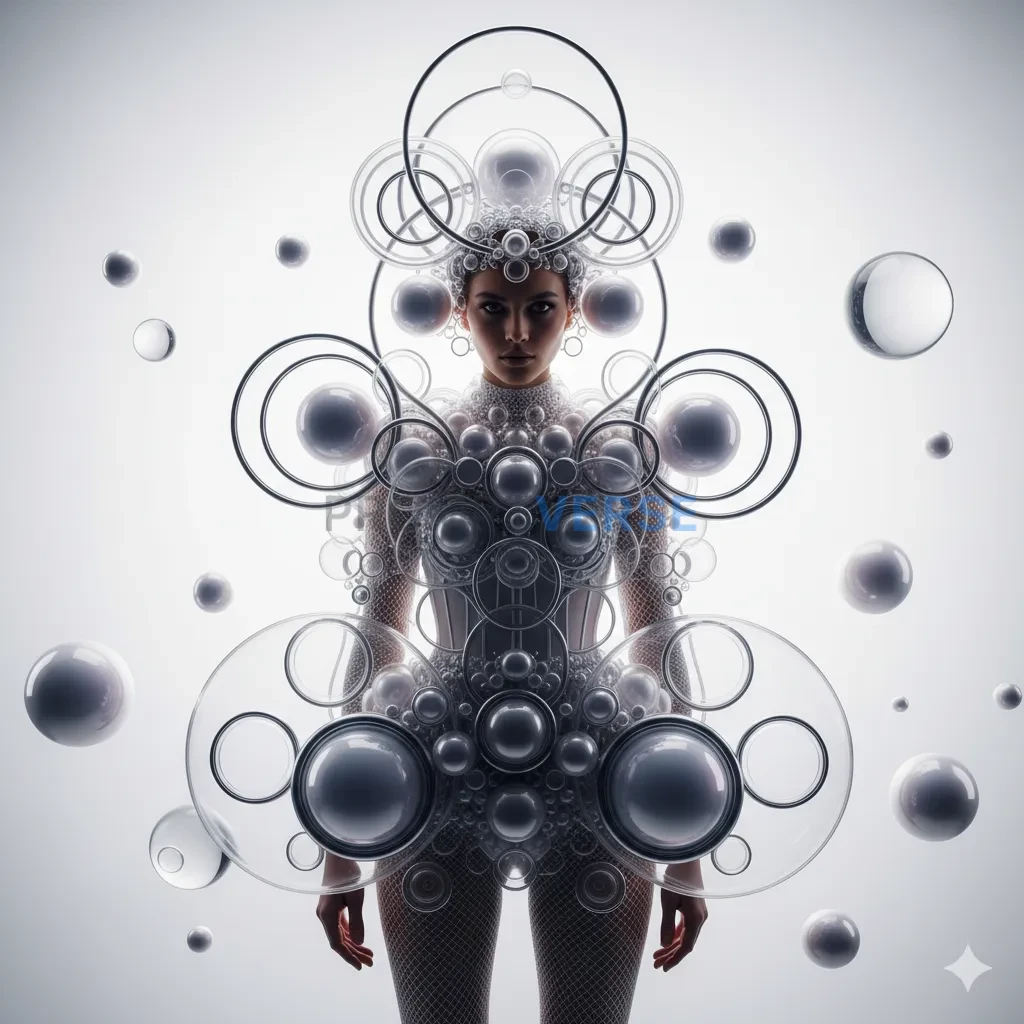 High fashion conceptual portrait, surrealist outfit inspired by spheres and circles, cinematic lighting, clean modern composit - PromptVerse