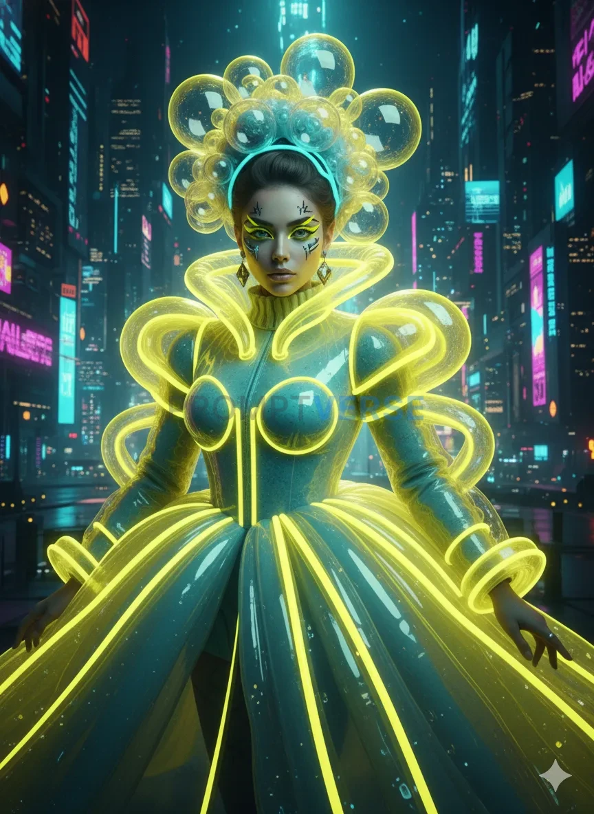 Cyber couture portrait, model wearing inflated geometric shapes, neon yellow and teal tones, hyperrealistic lighting, futurist - PromptVerse