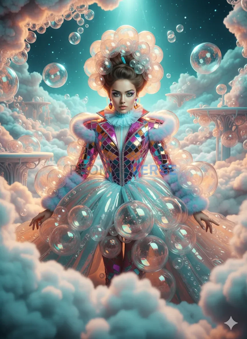 Futuristic fashion editorial with avant-garde bubble textures, pastel turquoise and orange color scheme, high contrast lightin - PromptVerse