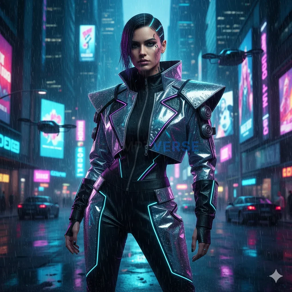 Cyberpunk high fashion look, chrome fabrics, purple and cyan neon lighting, rainy holographic city backdrop. - PromptVerse