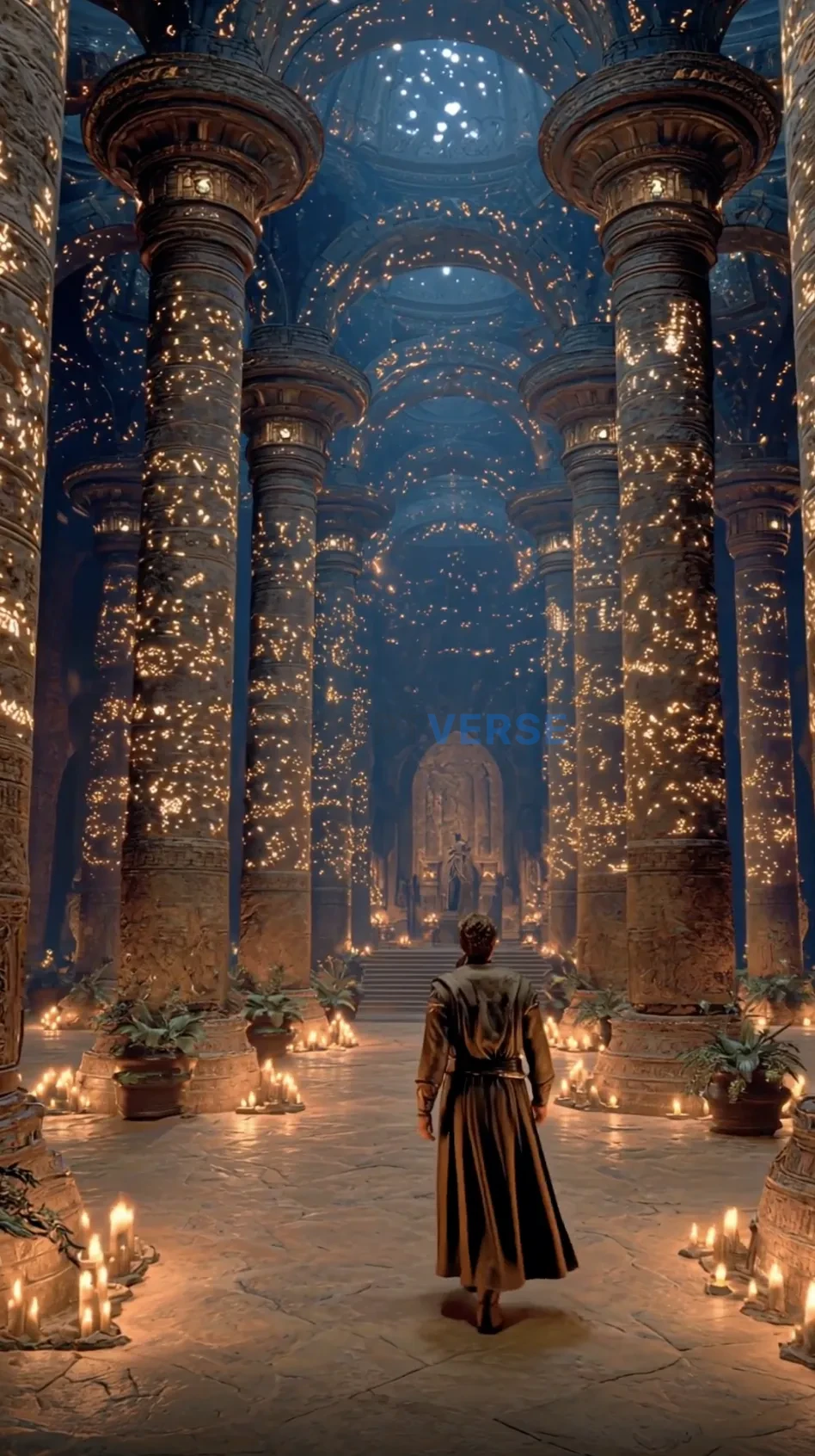 The camera slowly walks forward through colossal stone columns glowing