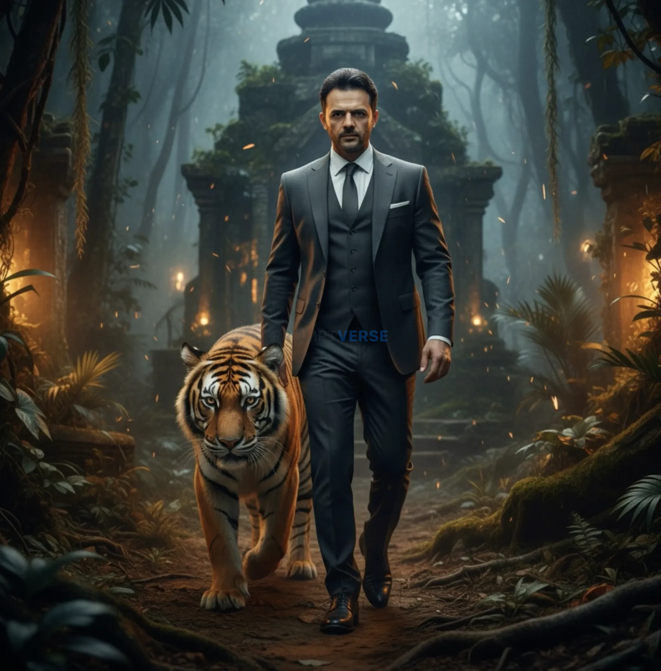A powerful man in a sharp black suit walking beside a majestic tiger t