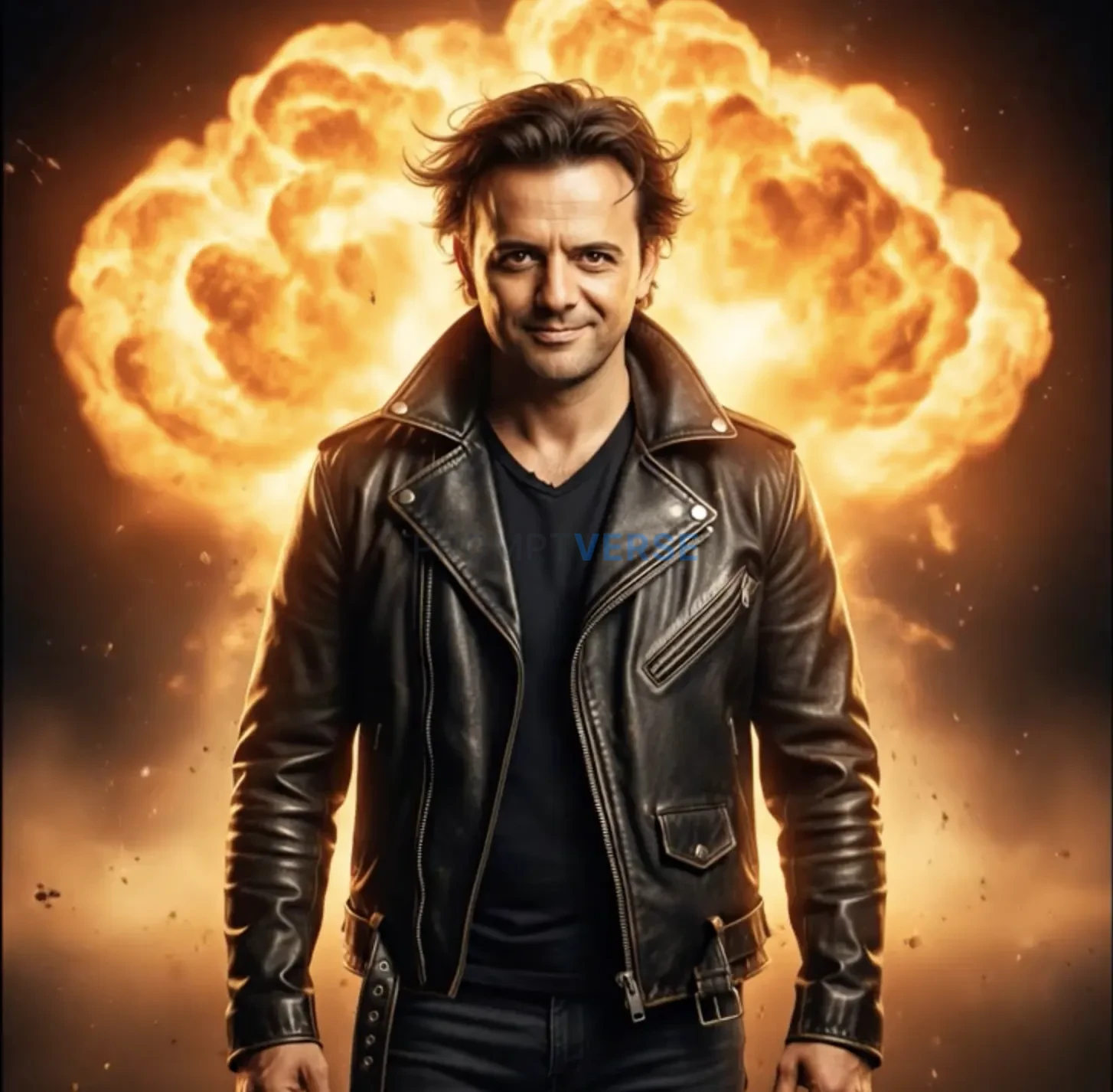 A confident man in a black leather jacket standing in front of a massi