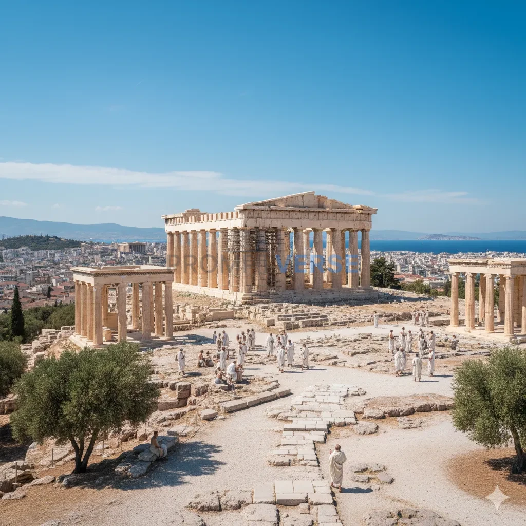 The Acropolis in Athens during the golden age of Greece, with philosophers in white robes debating in the shadow of the pristi - PromptVerse