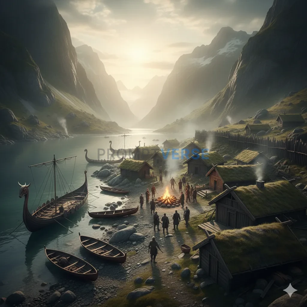 A rugged, coastal Viking village, with longhouses, smoking fires, and dragon-prowed longships pulled up on the shore of a mist - PromptVerse