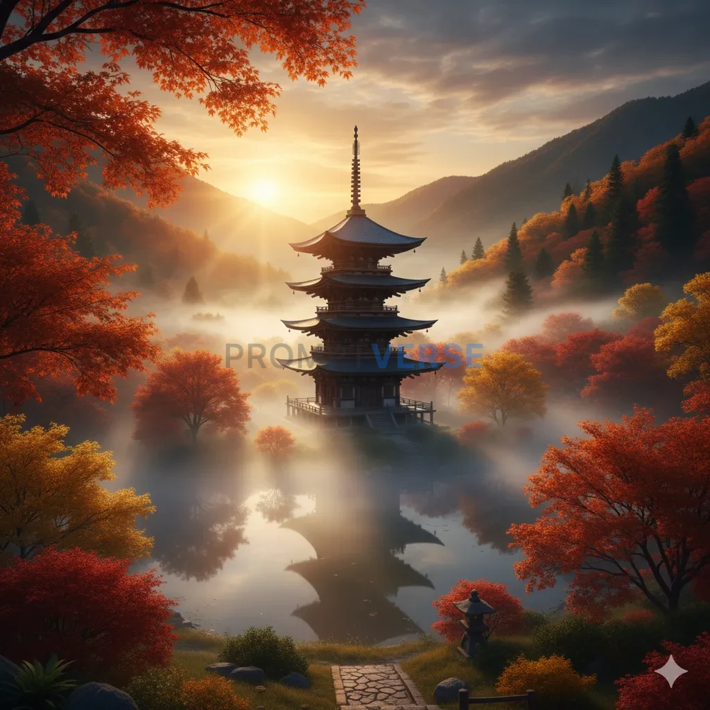 A serene, mist-shrouded valley in feudal Japan, with a single, elegant pagoda temple surrounded by vibrant, autumn-colored map - PromptVerse