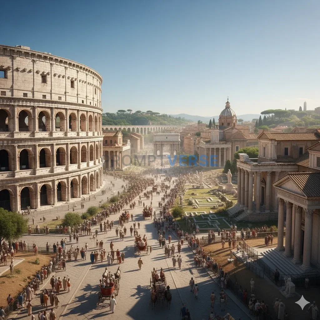 The majestic, bustling city of ancient Rome at its peak, with the Colosseum and Forum gleaming with white marble under a Medit - PromptVerse