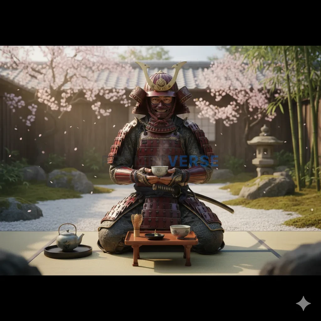 A noble Japanese Samurai warrior in full, ornate armor, kneeling for a tea ceremony in a peaceful garden, a moment of calm bef - PromptVerse